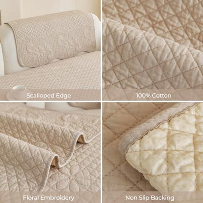 Cotton Quilted Couch Cover for Sofa - Khaki, 35.4 x 47.2 Inches, Rectangular - Farmhouse Style, Non-Slip