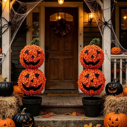 Artificial Pumpkin Topiary Tree - Potted Faux Boxwood Fall Decor, Halloween & Thanksgiving Ornament (Variation A)
