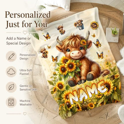 Yellow Highland Cow Personalized Kids Blanket - Custom Girl Throw for Sofa