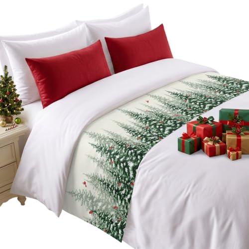 Christmas Tree Bed Runner King Size 94x20 in Green White Red Holiday Decor Bed Scarf