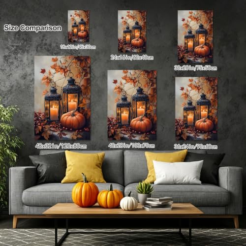 Fall Pumpkin Canvas Wall Art with Lanterns & Maple Leaves - 24x16 Inches - Rustic Autumn Decor