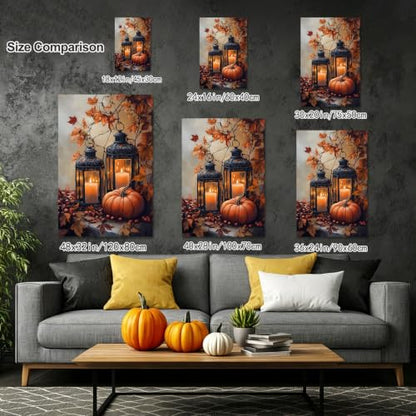 Fall Pumpkin Canvas Wall Art with Lanterns & Maple Leaves - 24x16 Inches - Rustic Autumn Decor