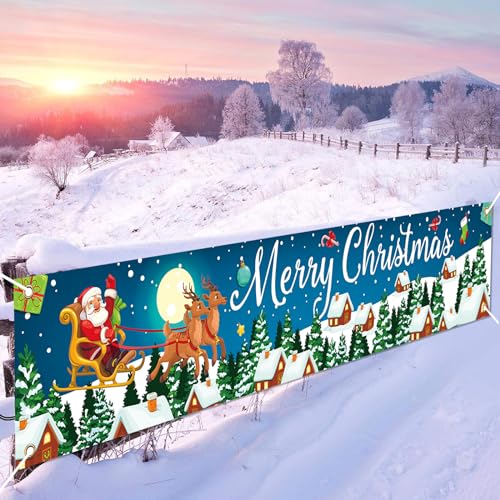 Blue Santa Sled Christmas Banner Outdoor Yard Sign 210x40cm for Festive Decor