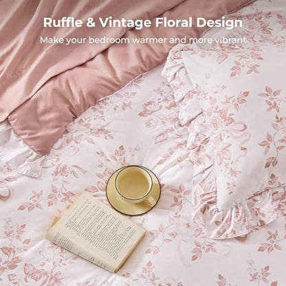 Pink Floral Twin Comforter Set with Ruffle Bedding - 7 Pieces