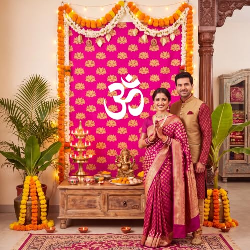 Eaasty 7x5 ft Indian Pooja Lotus Backdrop Decor Om Symbol Tapestry - Pink & Gold