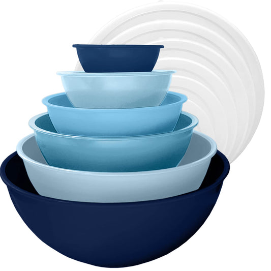 edge Plastic Mixing Bowls 12 Piece Nesting Set 6 Prep Bowls and 6 Lids, for Baking, Cooking and Storing, Tonal Navy