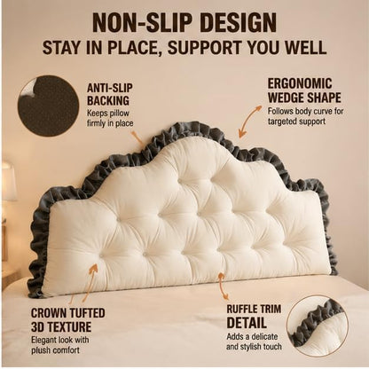 Twin XL Velvet Headboard Pillow with Crown Tufted Design and Ruffle Trim - Beige 39.37x21.65 in