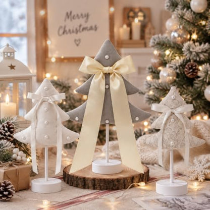 Off-White Mini Christmas Tree Set - 3 Sizes, Decorated with Bows & Pearls
