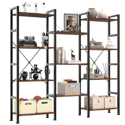 DUMOS Triple Column 4-Tier Industrial Bookshelf - Rustic Brown, 62.3W x 54.6H