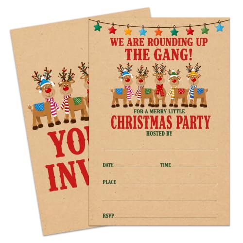 Christmas Party Invitations with Envelopes - 20 Retro Reindeer Cards - A10