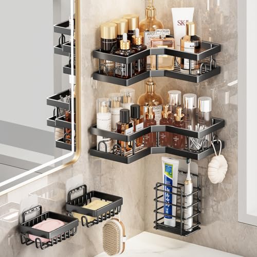 Corner Shower Caddy 5-Pack with Rustproof Stainless Steel Shelves and Hooks - No Drilling