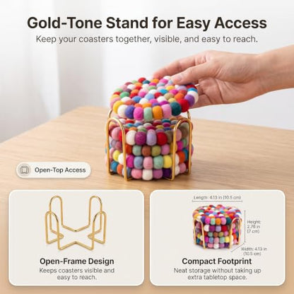 Multicolor Wool Felt Coasters with Holder - 5 Pack Round Handmade Drink Protectors