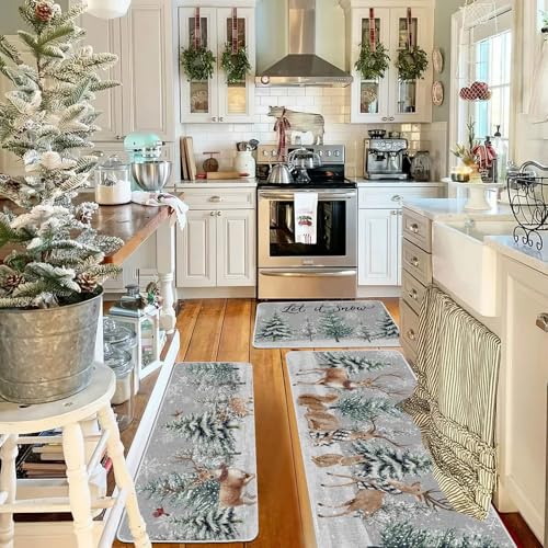 Christmas Winter Kitchen Rugs Set of 3 Snowy Pine Deer Snowflakes Non Slip Mats - 17x29, 17x36, 17x47 - Washable Holiday Floor Decor