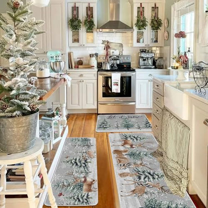 Christmas Winter Kitchen Rugs Set of 3 Snowy Pine Deer Snowflakes Non Slip Mats - 17x29, 17x36, 17x47 - Washable Holiday Floor Decor