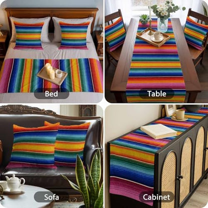 Mexican Stripes King Bed Runner & Pillow Cover Set Pink Turquoise Yellow 94x20