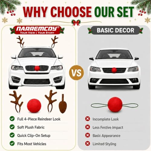 Car Reindeer Antlers with Nose, Bells & Ribbons Holiday Decoration