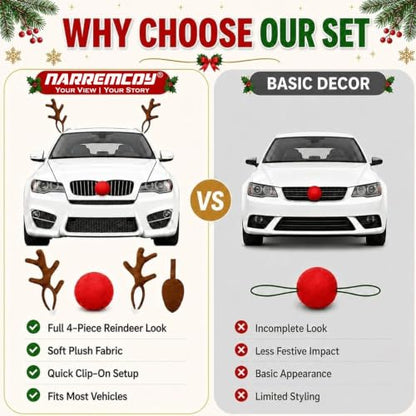 Car Reindeer Antlers with Nose, Bells & Ribbons Holiday Decoration