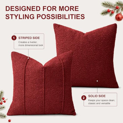 Christmas Red Boucle Pillow Covers Set of 2 - 24x24 Textured Holiday Decor