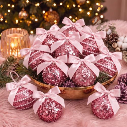 Pink Glitter Christmas Ball Ornaments Set - 12 Pack with Bow - Holiday Decor