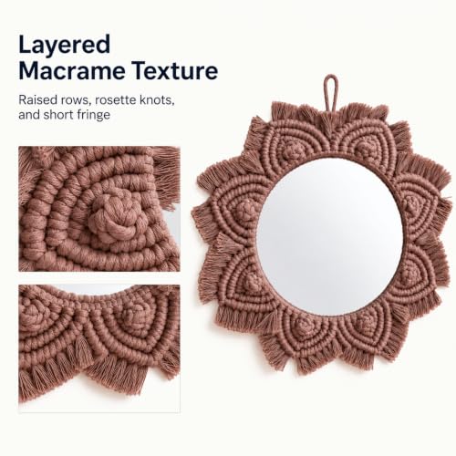 Small Boho Wall Mirror with Macrame Frame - Coffee Brown Home Decor