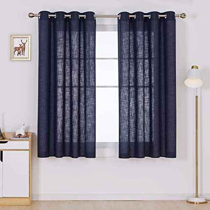 Deconovo Grommet Faux Linen Window Curtains Linen Look Panels Solid Drapes for Kitchen Small Window Navy Blue 52x45 Inch 2 Panels