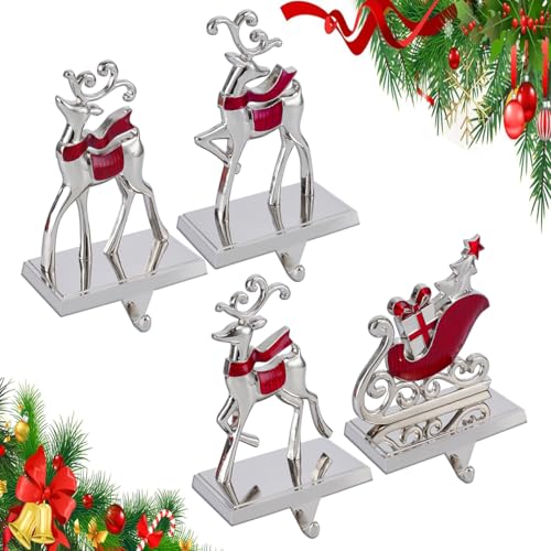 Reindeer Stocking Hangers and Sleigh Hooks Set - Christmas Fireplace Decor - Red Reindeer Variation