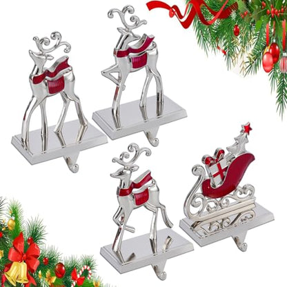 Reindeer Stocking Hangers and Sleigh Hooks Set - Christmas Fireplace Decor - Red Reindeer Variation