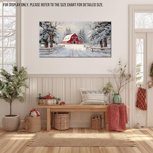 Winter Scene Canvas Wall Art - Farmhouse Rustic Red Barn Snowy Landscape, 15 x 24 Inches - Holiday & Seasonal Decor