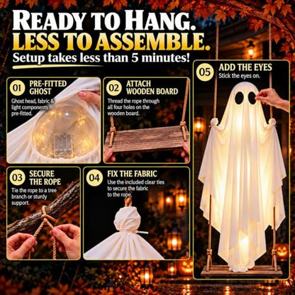 Outdoor Hanging Ghost Decor - 5FT Spooky Swinging Ghost for Halloween Yard