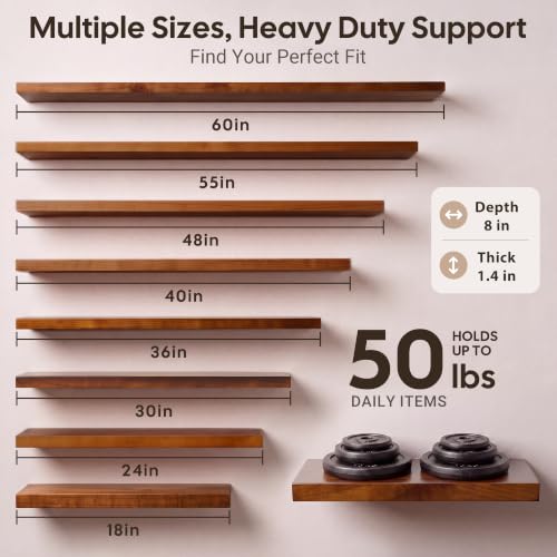 Dark Walnut 24 Inch Solid Pine Floating Shelves Set of 2 Wall Storage