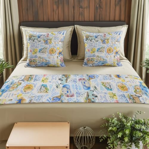 Summer Village Bed Runner & Pillow Cover Set Coastal Blue Lemon Yellow 102"