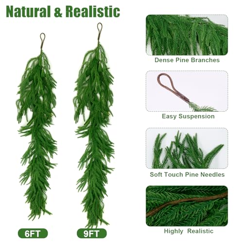 2pcs 9FT Artificial Norfolk Pine Garland Christmas Decor Full & Realistic