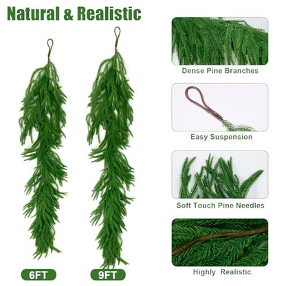 2pcs 9FT Artificial Norfolk Pine Garland Christmas Decor Full & Realistic