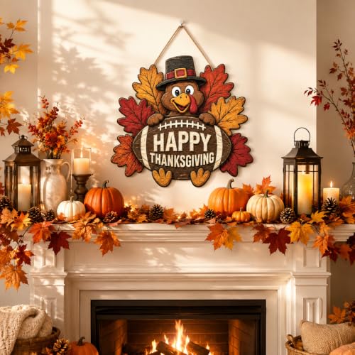 Thanksgiving Door Sign - Wooden Fall Decor with Turkey and Football Motif
