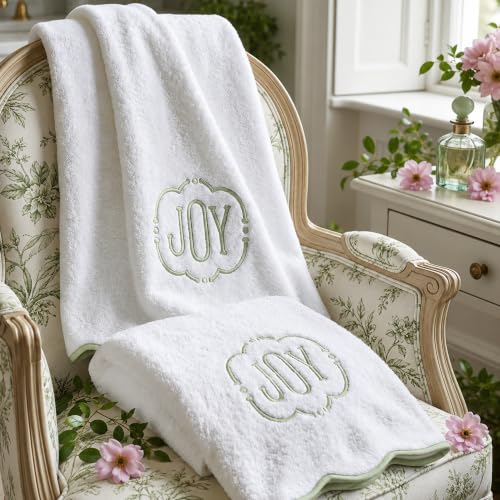 Sage Green Piping Monogrammed Bath Towels Set of 2 - Scallop Edged Cotton