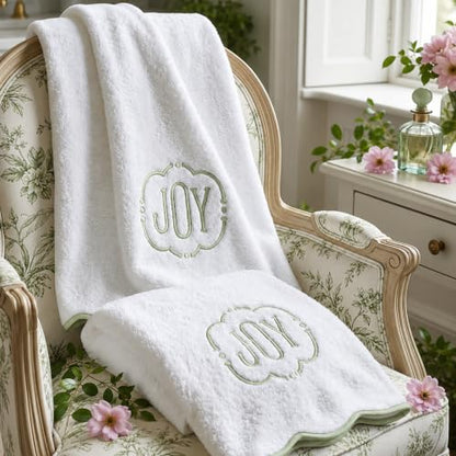 Sage Green Piping Monogrammed Bath Towels Set of 2 - Scallop Edged Cotton