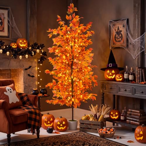 7.7ft Artificial Ficus Tree with String Lights & Woven Basket for Indoor Decor