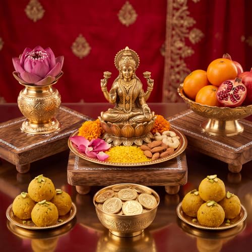Wooden Pooja Stand Set of 6 with Kolam Pattern - Diwali & Religious Gifts, 15 x 9 cm