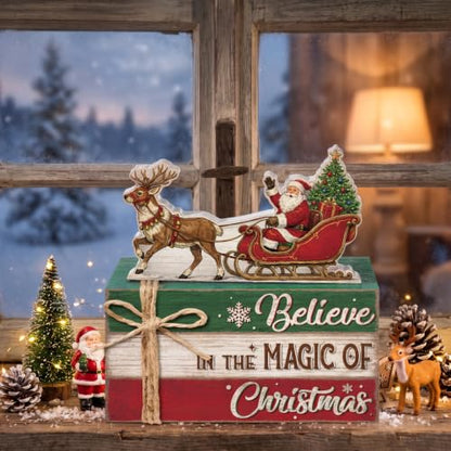 Christmas Santa Sleigh Wooden Book Stack Sign Set - Holiday Table Decor, Rustic Festive Centerpiece - Variation: Santa Sleigh