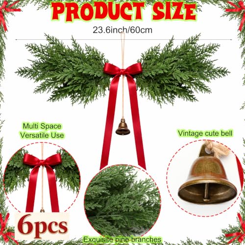 Christmas Cedar Swags Set with Red Bows and Bells - 6 Pcs, 24 Inch