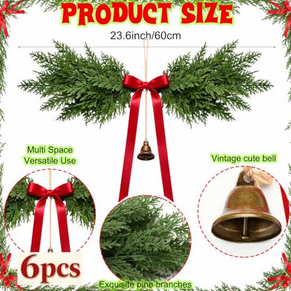 Christmas Cedar Swags Set with Red Bows and Bells - 6 Pcs, 24 Inch