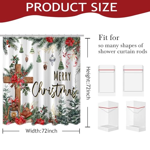 Christmas Shower Curtain with Cross and Pine Branches - 72x72 Inch Waterproof Bathroom Decor