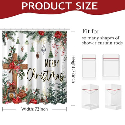 Christmas Shower Curtain with Cross and Pine Branches - 72x72 Inch Waterproof Bathroom Decor