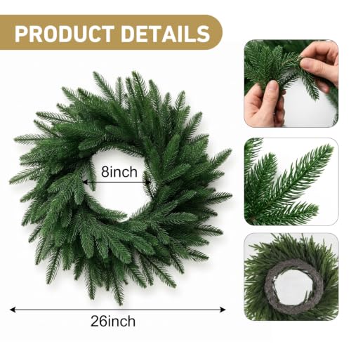 26-Inch Real Touch Pine Wreath for Front Door Holiday Decor