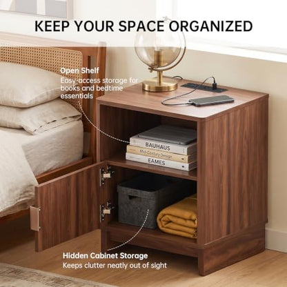 Fluted Nightstand with Charging Station (Walnut) — 2 AC, USB-A, USB-C