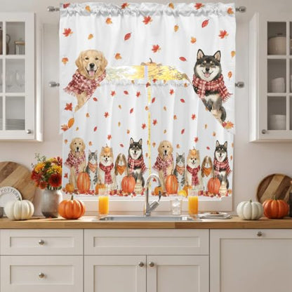 Autumn Fall Dogs Cats Kitchen Window Curtains Set 24 Inch Length - Orange Red White, 3 Piece Swag Valance and Tiers, Maple Leaves Thanksgiving Decor