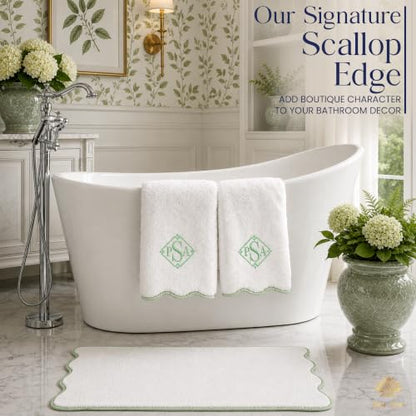 Sage Green Piping Monogrammed Bath Towels Set of 2 - Scallop Edged Cotton