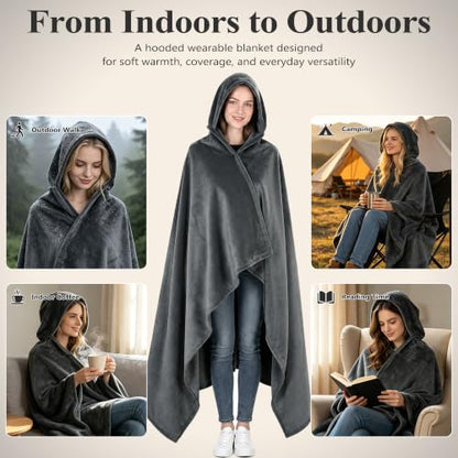 Grey Waterproof Hooded Blanket Poncho for Outdoor Warm Wearable Cape