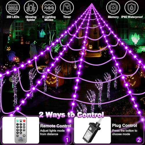 Outdoor Halloween Spider Web Lights with 250 LEDs and Purple Spider - Dark Purple Web Edition