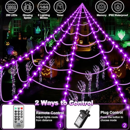 Outdoor Halloween Spider Web Lights with 250 LEDs and Purple Spider - Dark Purple Web Edition